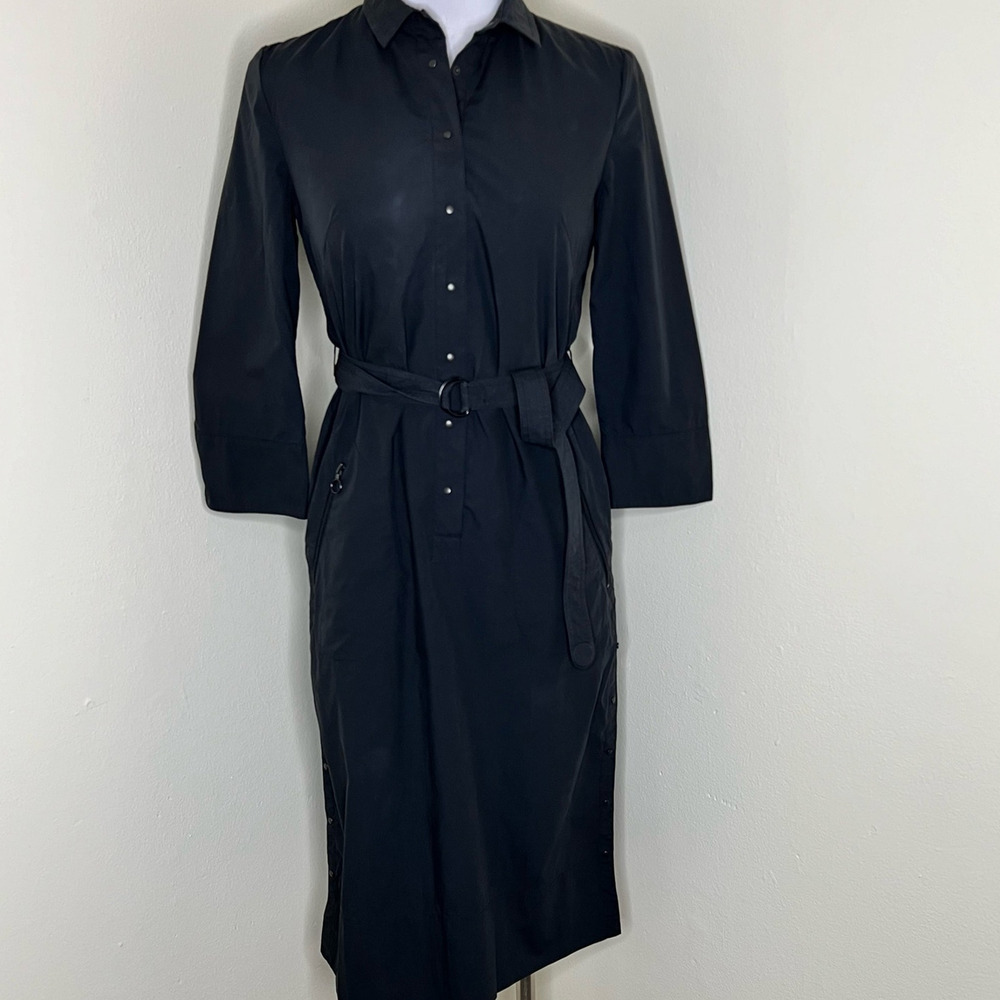 Akris Punto Shirt Dress 4 Women Black Snap Preppy Poplin Cotton Belted Midi Chic